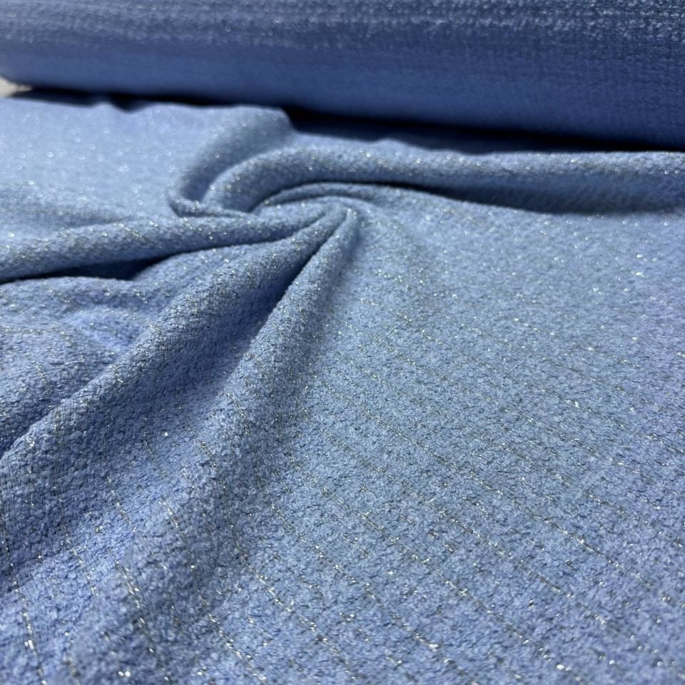 Tüvit Şanel Kumaş Buklet Çift En Bebe Mavi Simli Çizgili Desen