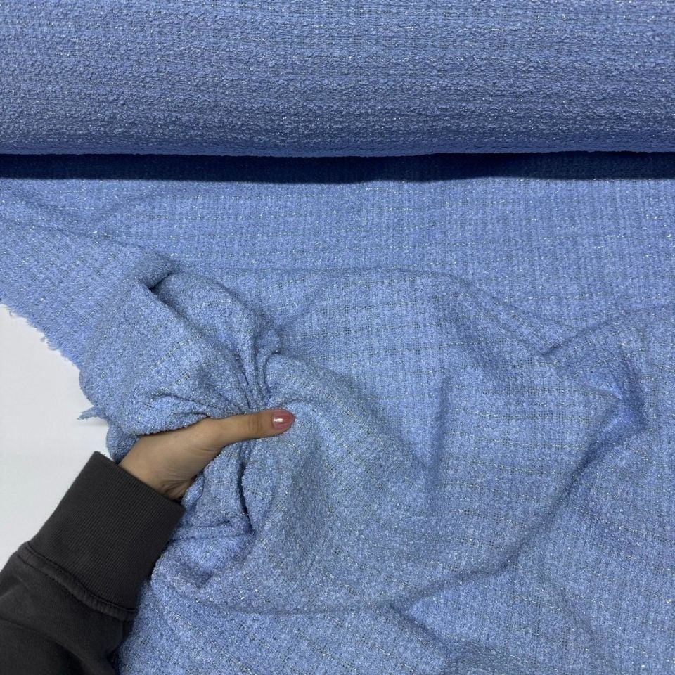 Tüvit Şanel Kumaş Buklet Çift En Bebe Mavi Simli Çizgili Desen