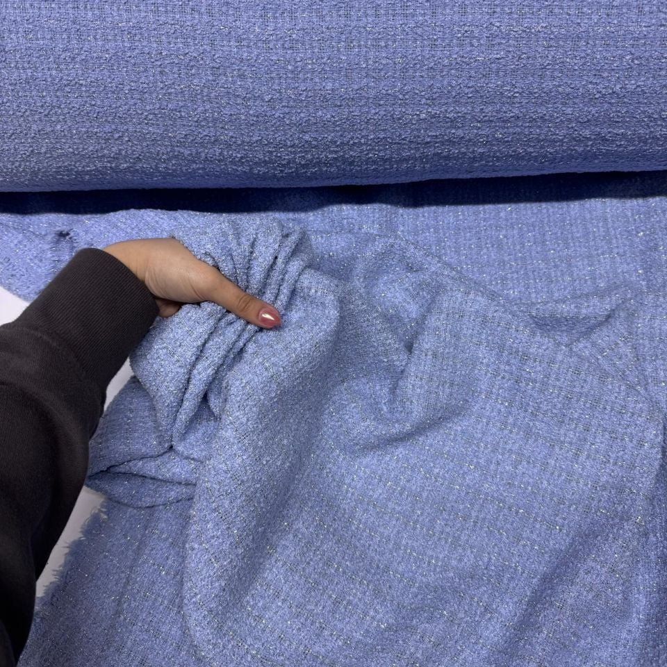 Tüvit Şanel Kumaş Buklet Çift En Bebe Mavi Simli Çizgili Desen