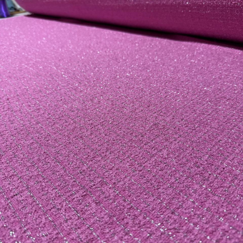 Tüvit Şanel Kumaş Buklet Çift En Bebe Pembe Simli Çizgili Desen