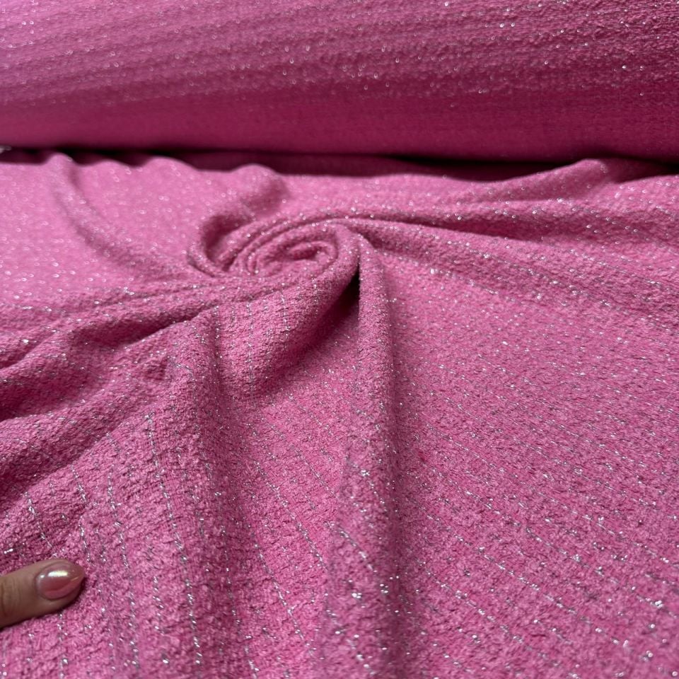 Tüvit Şanel Kumaş Buklet Çift En Bebe Pembe Simli Çizgili Desen