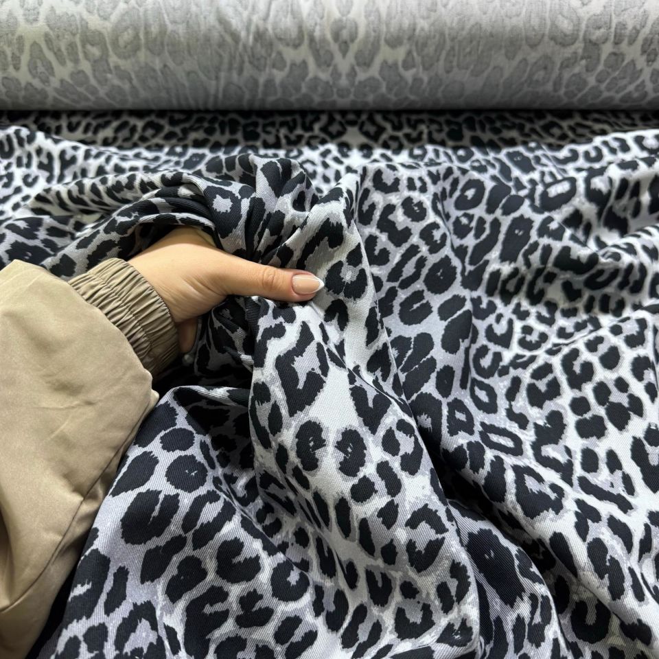 Gabardin Kumaş %100 Pamuk Leopar Desenli Çift En Gri Antrasit Renk