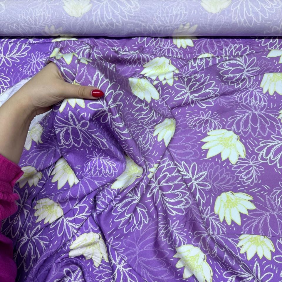 Belmando Kumaş Çift En Mor&Lila Zemin Çiçek Desenli