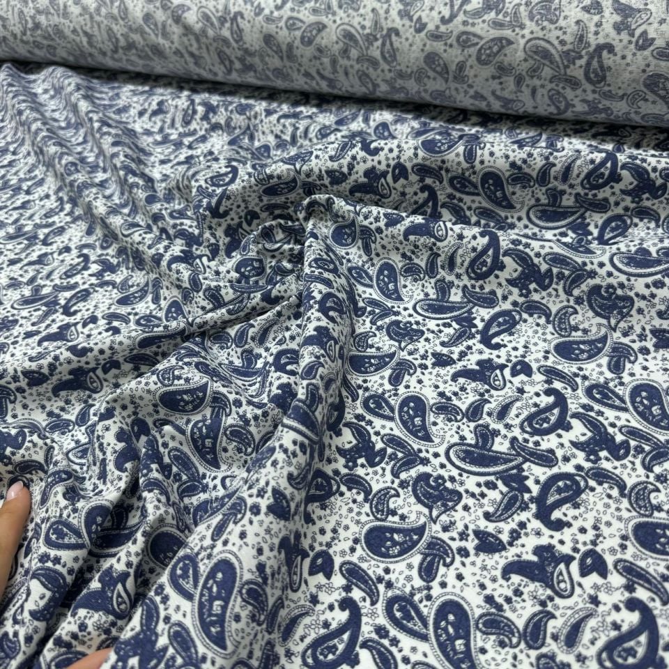 Poplin Kumaş Lacivert Şal&Etnik Desenli Dokuma Çift En