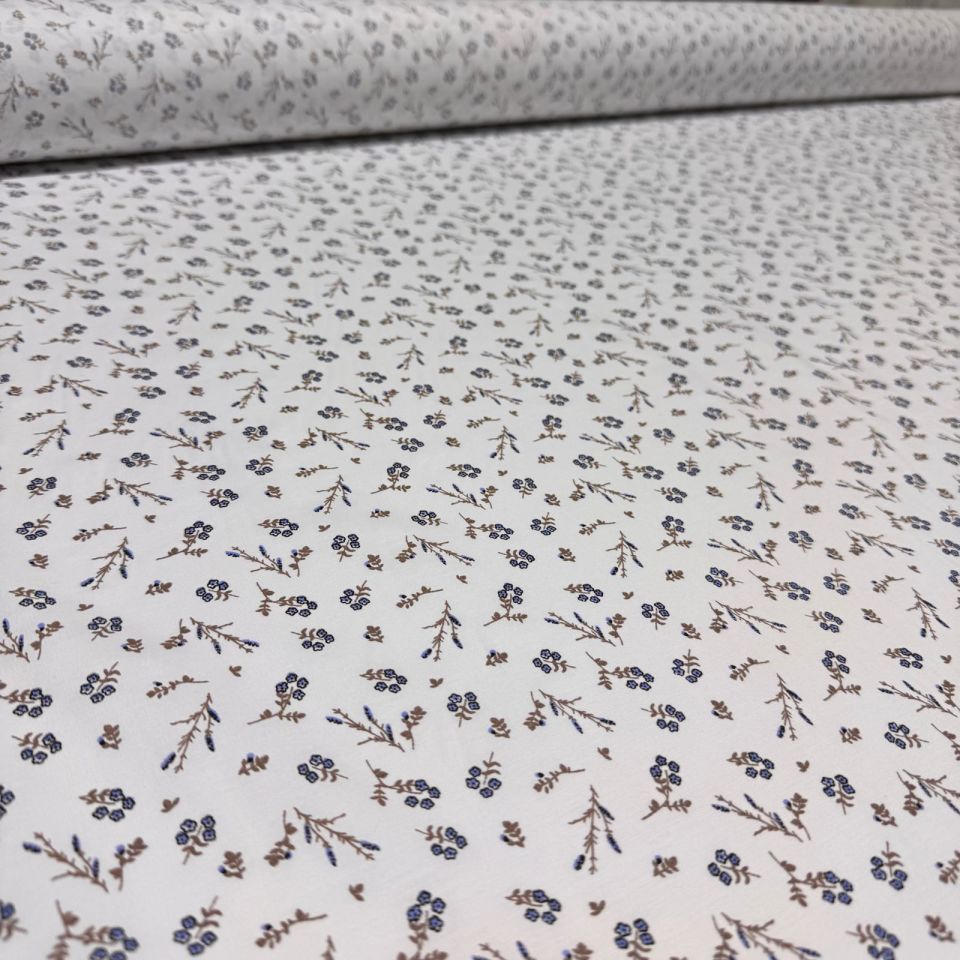 Poplin Kumaş Mavi Çiçek Desenli Çift En