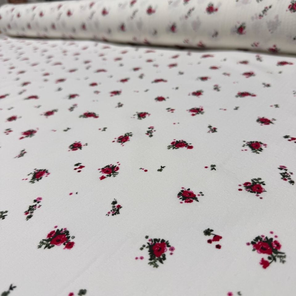 Poplin Kumaş Minik Bordo Çiçekli Çift En