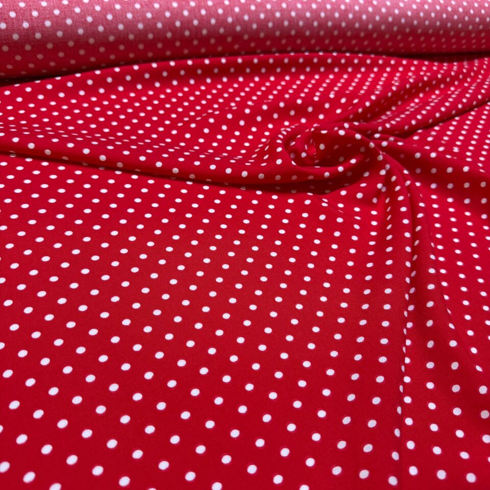 İthal Viskon Kumaş %100 Pamuk Çift En Kırmızı Zemin Beyaz Puantiyeli