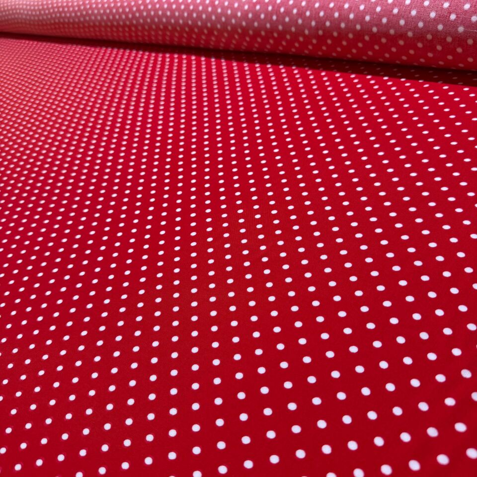 İthal Viskon Kumaş %100 Pamuk Çift En Kırmızı Zemin Beyaz Puantiyeli