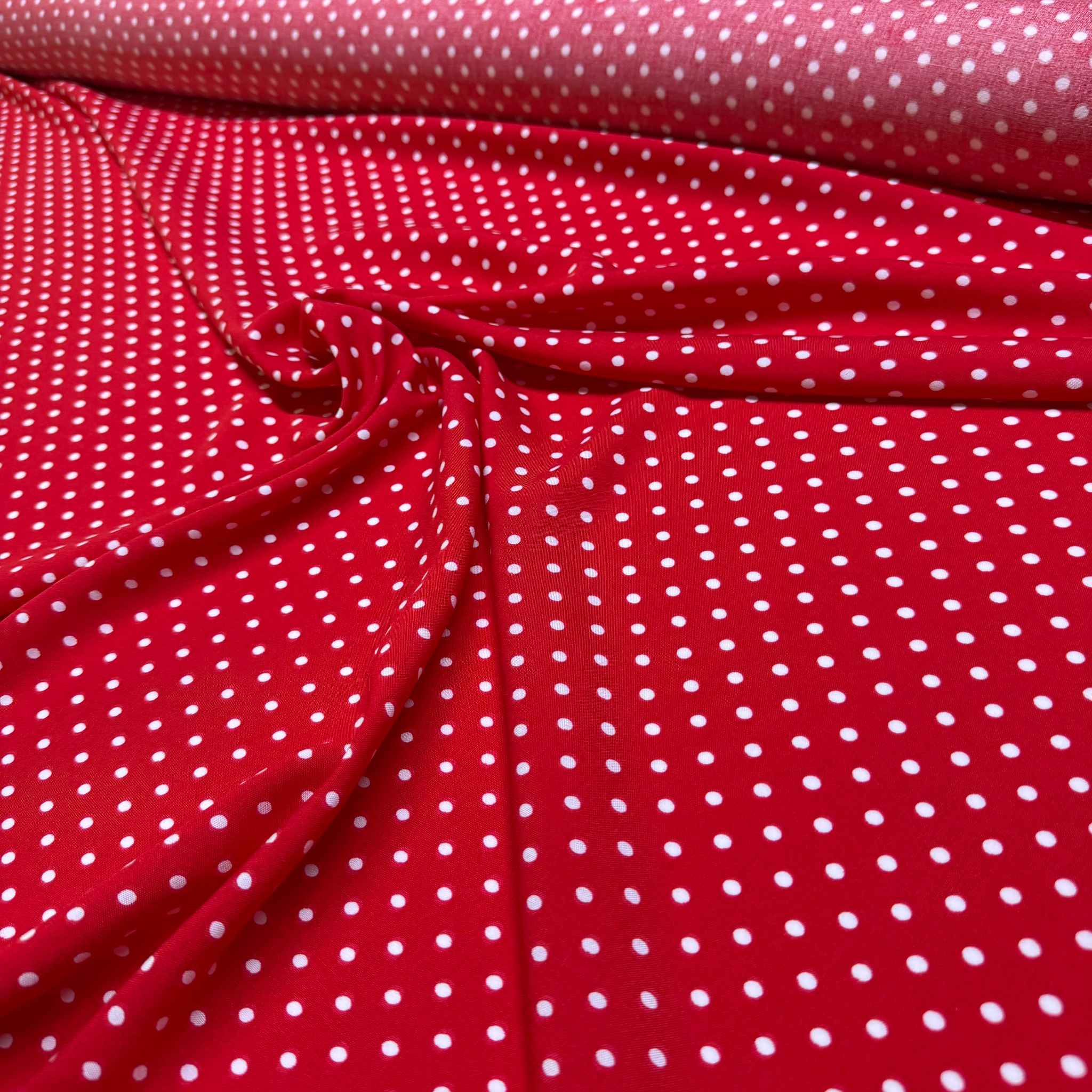 İthal Viskon Kumaş %100 Pamuk Çift En Kırmızı Zemin Beyaz Puantiyeli