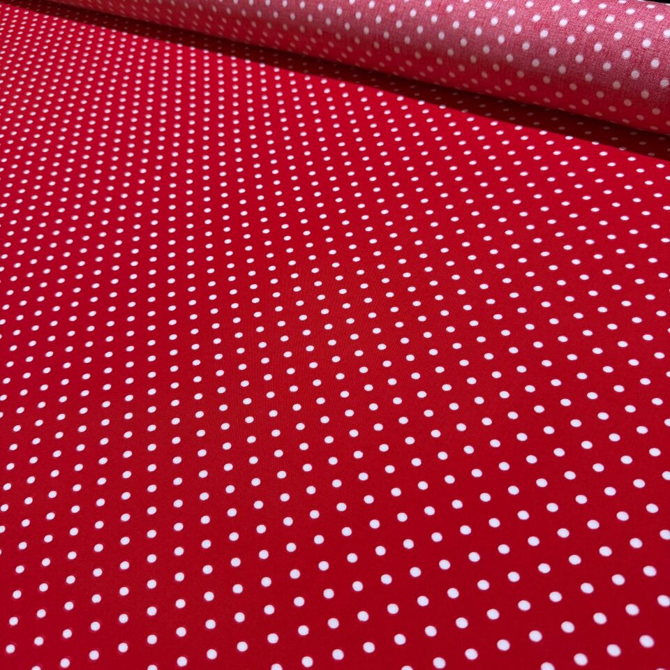 İthal Viskon Kumaş %100 Pamuk Çift En Kırmızı Zemin Beyaz Puantiyeli