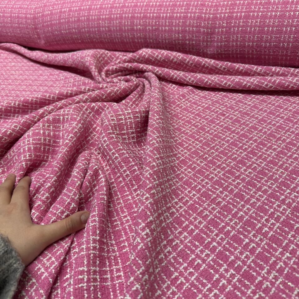 Tüvit Şanel Kumaş Dokuma Çift En Simli Pembe
